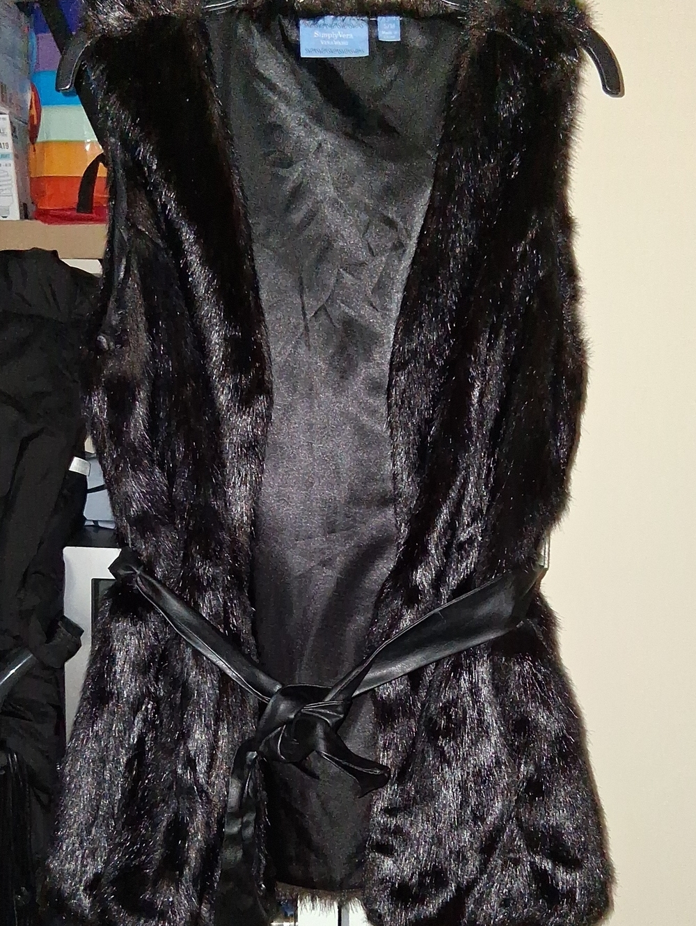 Vera Wang Black Faux Fur Vest with Satin Waist Tie